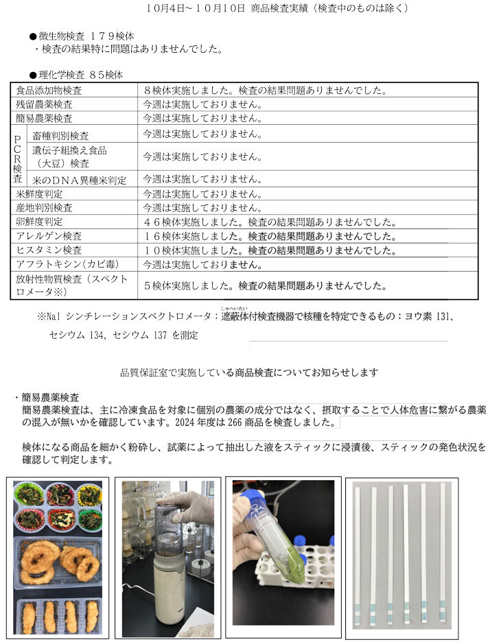 商品検査実績（10月4日～10月10日）